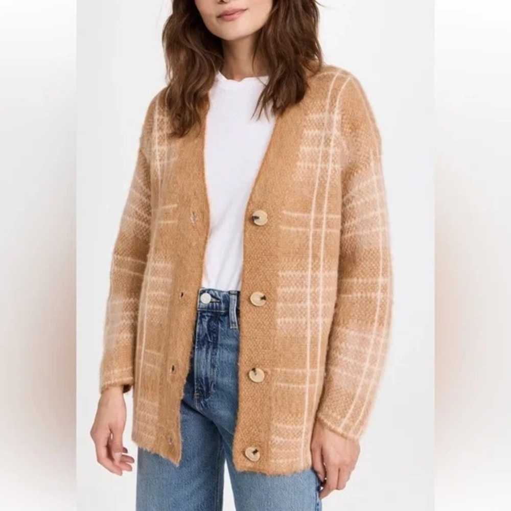 Vince Brushed Camel Plaid Cardigan Sweater NWT XS-S